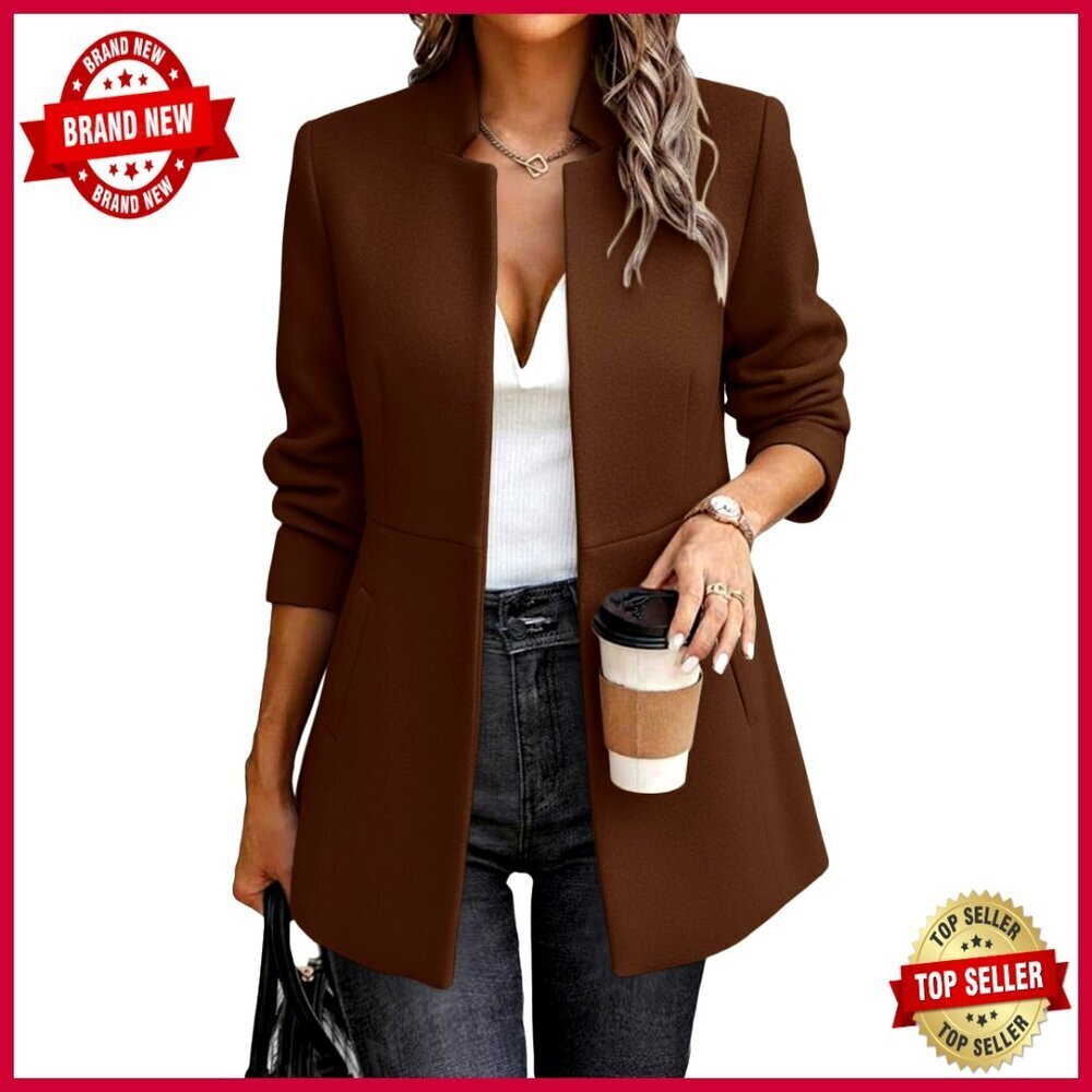 Wool Blend Herringbone Tweed Blazer Jacket Long Lined Open Front Office Coat